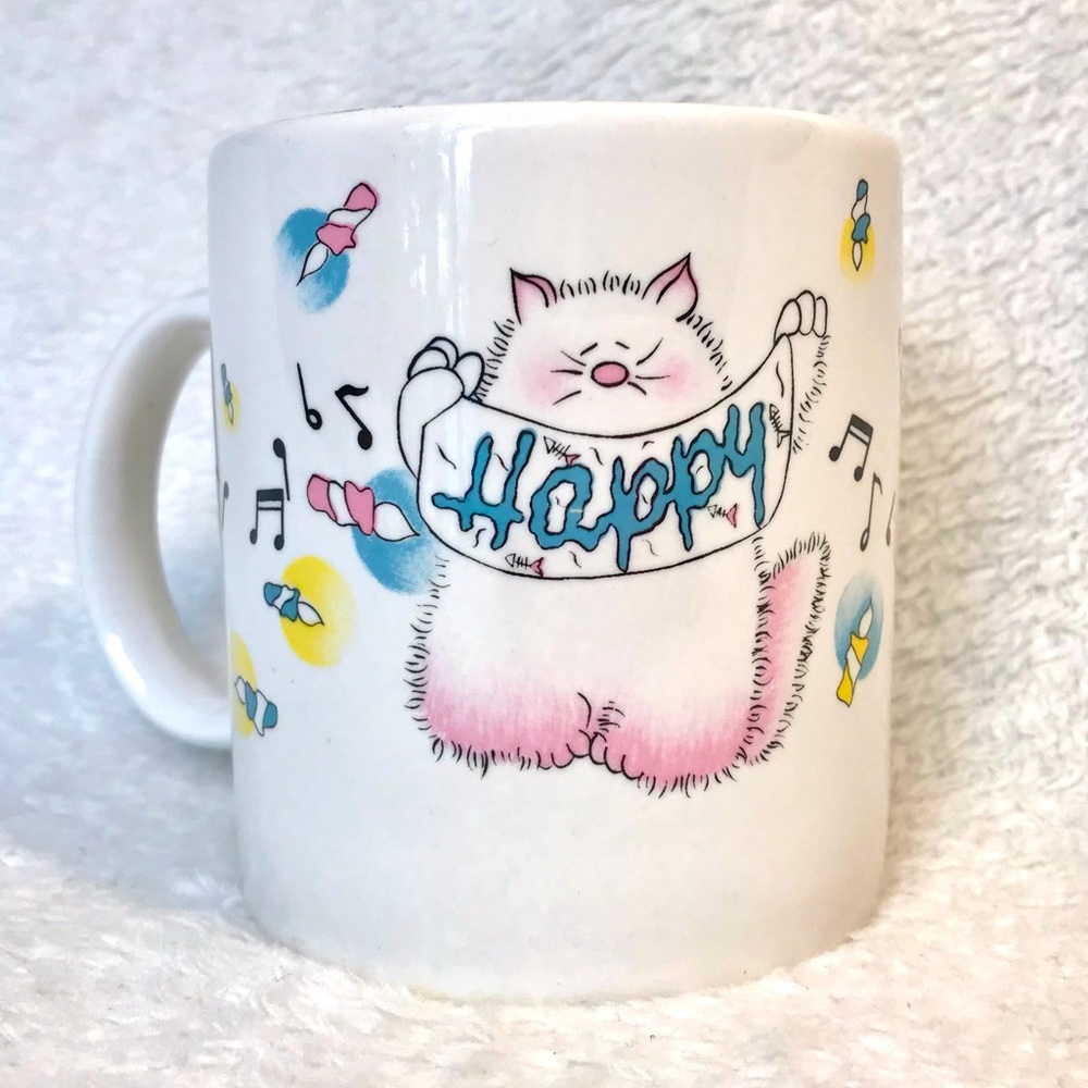 Vintage kitty Happy Birthday musical cats mug pink and blue cartoon gift ware